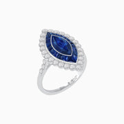 Vintage Style Marquise Ring with French-Cut Gemstone Halo and Scalloped Diamond Border - Shahin Jewelry